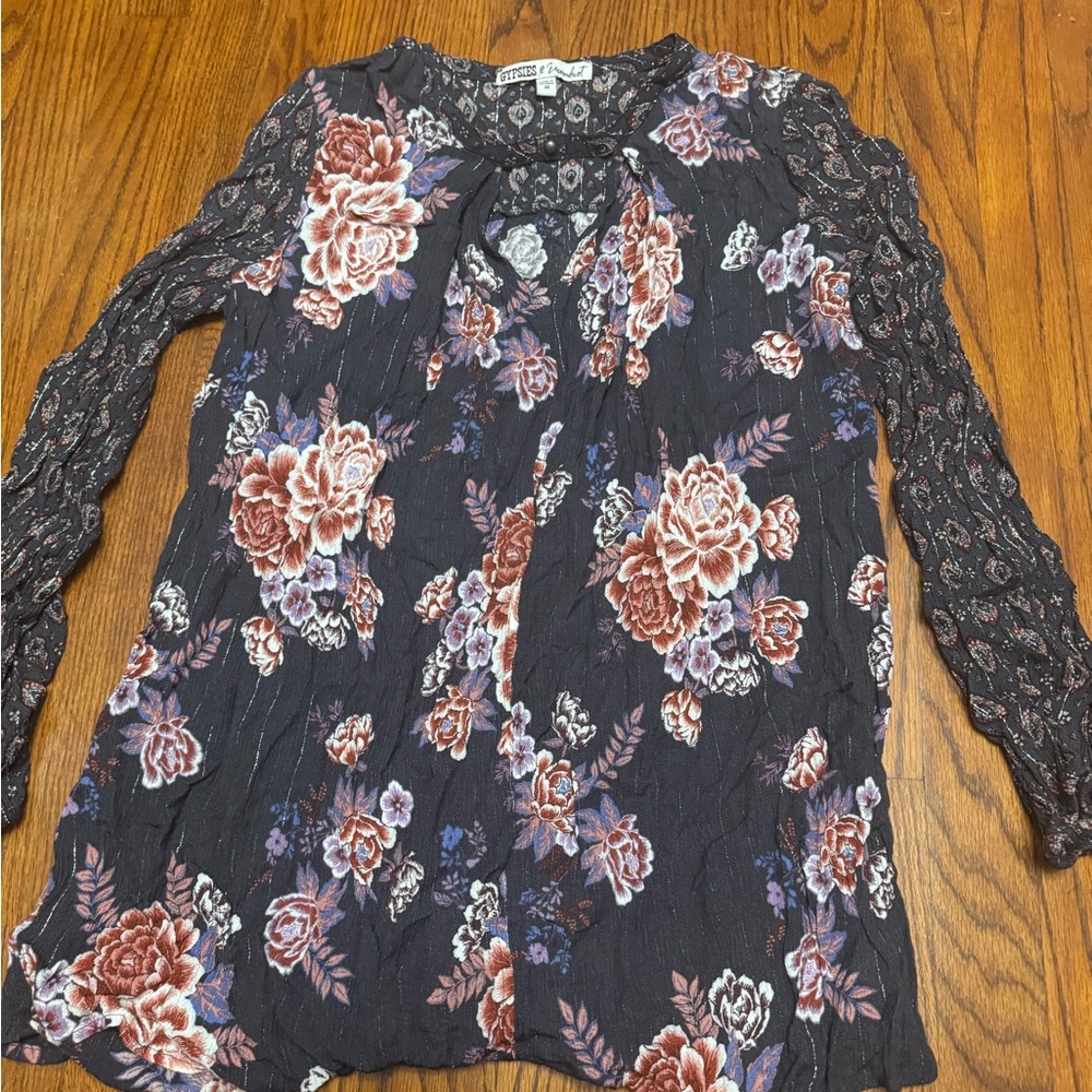 Gypsies & Moondust Med M Multi Color Floral Thin Blouse Boho Country V cut out